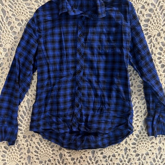 NWOT Modfine Sz Medium Long Sleeve Button Down Blue Navy Plaid‎ Casual Shirt C08 - Picture 1 of 5